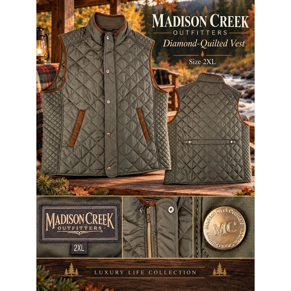 Madison Creek Outfitters Mens 2XL Diamond Quilted Vest Olive Green Luxury Life